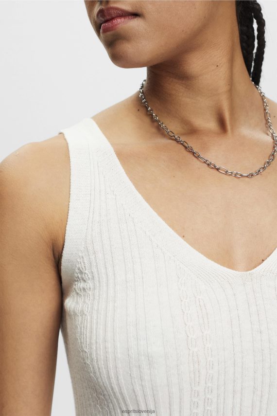 puloverji sl Esprit ženske pletena majica z v-izrezom in lanom umazano bela 6X446305