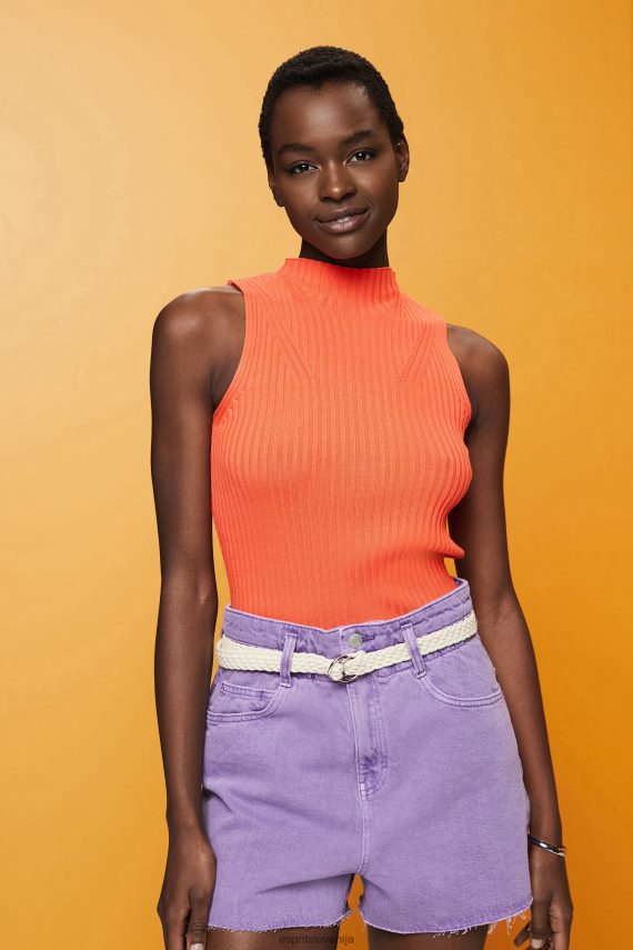 puloverji sl Esprit ženske rebrast pulover brez rokavov, mešanica lanu koralno oranžna 6X446110