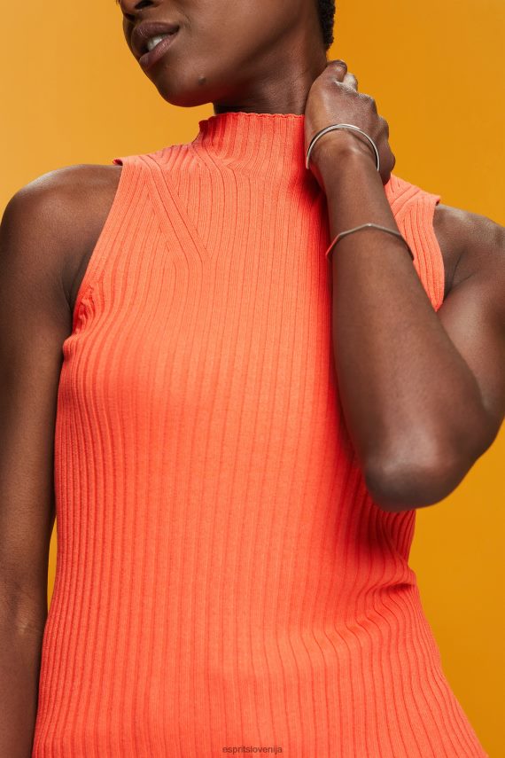 puloverji sl Esprit ženske rebrast pulover brez rokavov, mešanica lanu koralno oranžna 6X446110