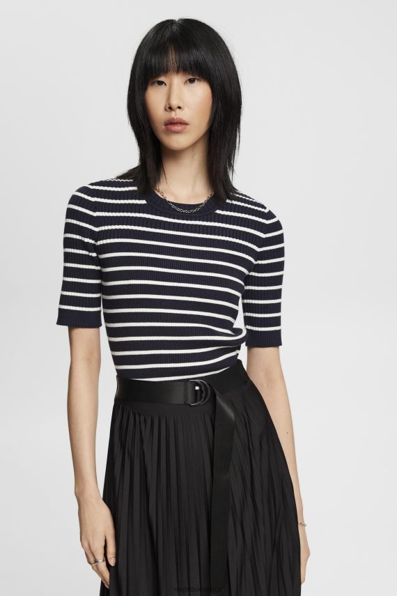 puloverji sl Esprit ženske rebrasti pulover s kratkimi rokavi mornarica 6X446319