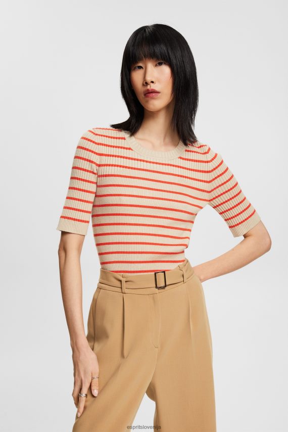 puloverji sl Esprit ženske rebrasti pulover s kratkimi rokavi svetlo taupe 6X446317